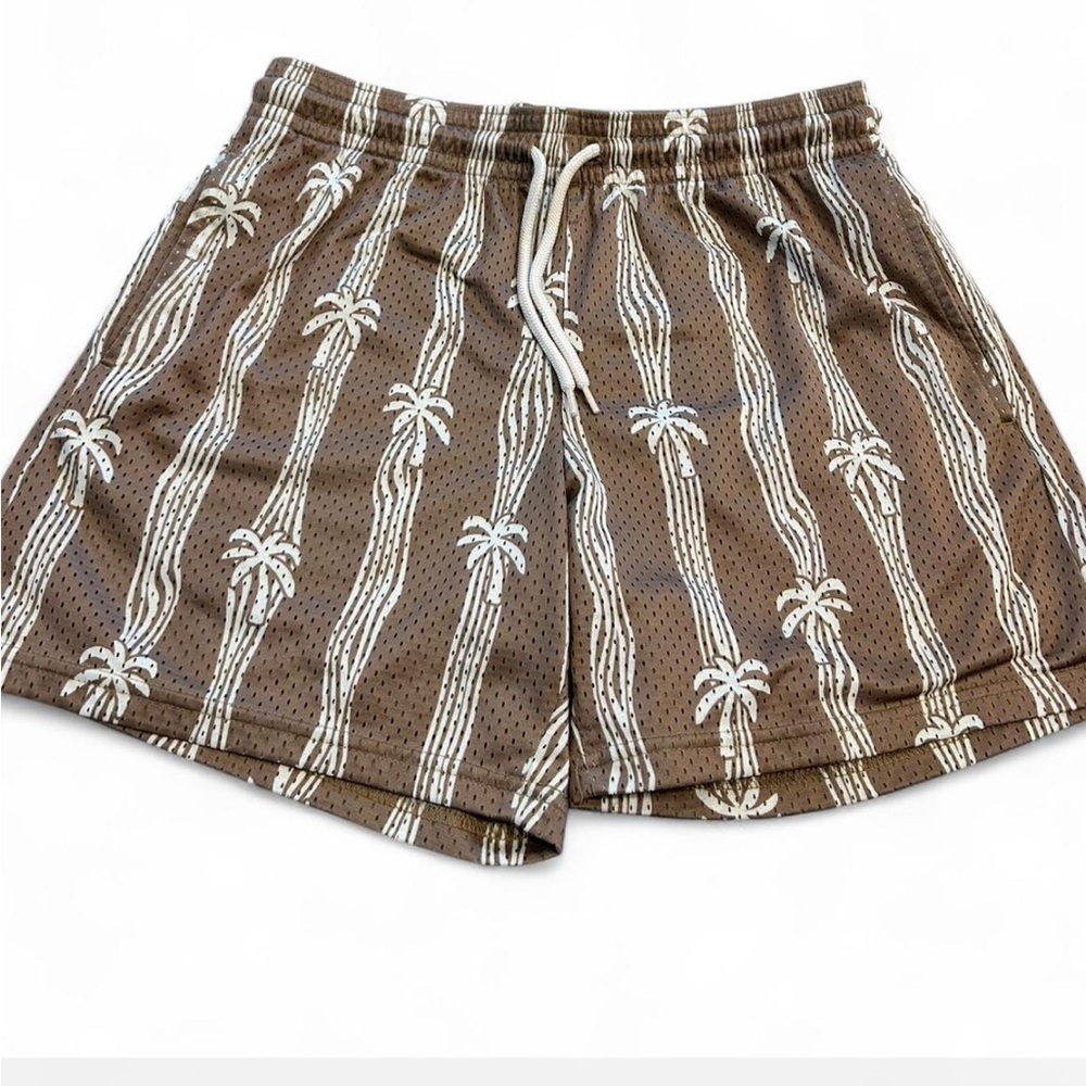 Trinity Coast Brown Mesh Palm Pattern Men’s Shorts, Size Small